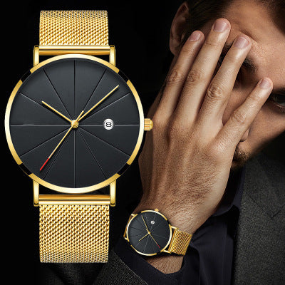 Ultra-Thin Men's Quartz Watch with Calendar – Casual Style, Stainless Steel Mesh Band