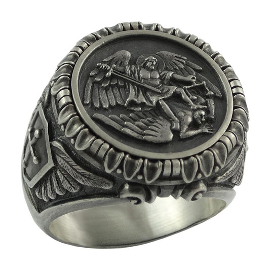 Saint Michael the Archangel Ring – Vikingx Templar Biker Ring for Men, 316L Stainless Steel Punk Vintage Design