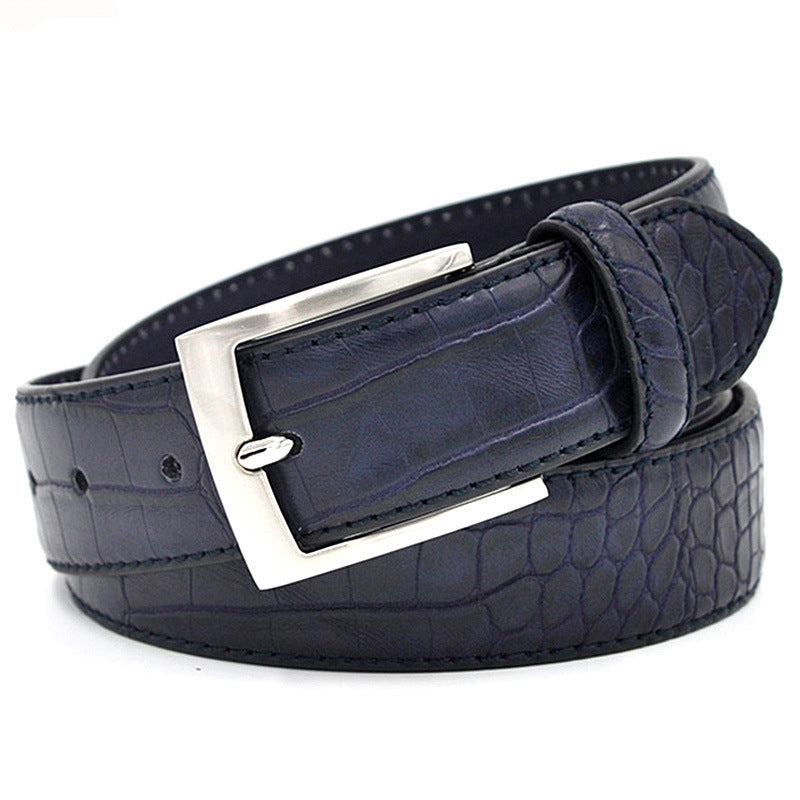 Men’s Fashion Split Leather Waist Belt – Faux Pattern Designer Style with Pin Buckle