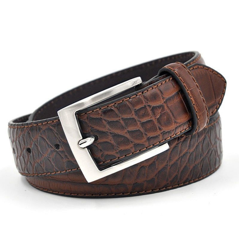 Men’s Fashion Split Leather Waist Belt – Faux Pattern Designer Style with Pin Buckle