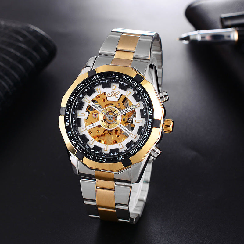 Men’s Luxury Mechanical Watch – Hollow Steel Band Automatic Wristwatch with Quartz Glass, High-End Fashion Design