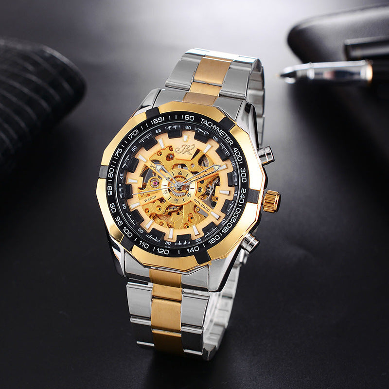 Men’s Luxury Mechanical Watch – Hollow Steel Band Automatic Wristwatch with Quartz Glass, High-End Fashion Design