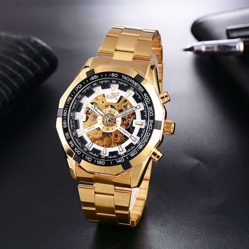 Men’s Luxury Mechanical Watch – Hollow Steel Band Automatic Wristwatch with Quartz Glass, High-End Fashion Design