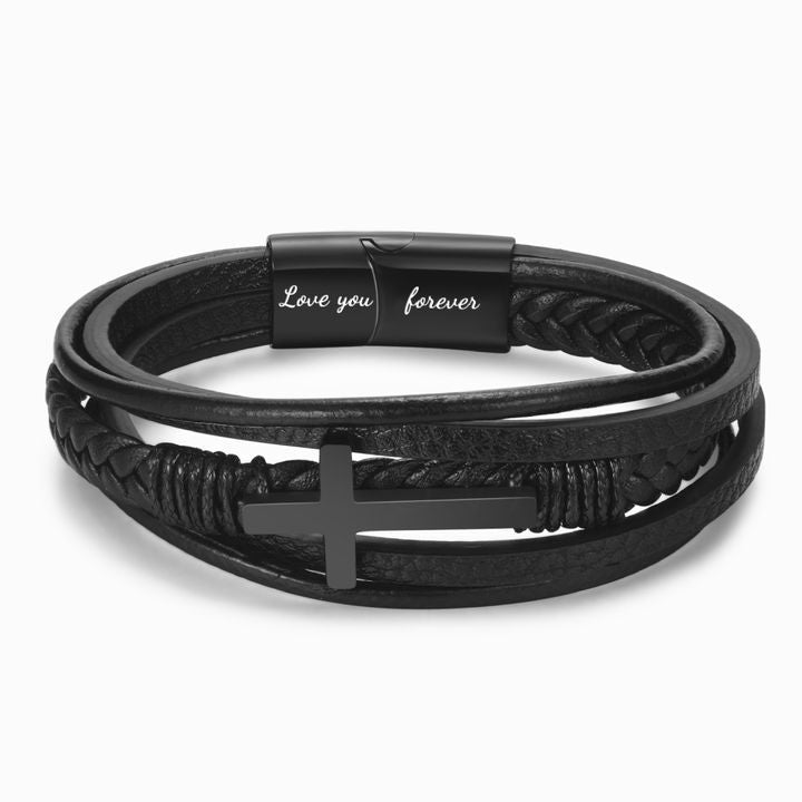 Men’s Stainless Steel Cross Fashion Bracelet – Minimalist Leather & Steel Plated Band, Black & Steel