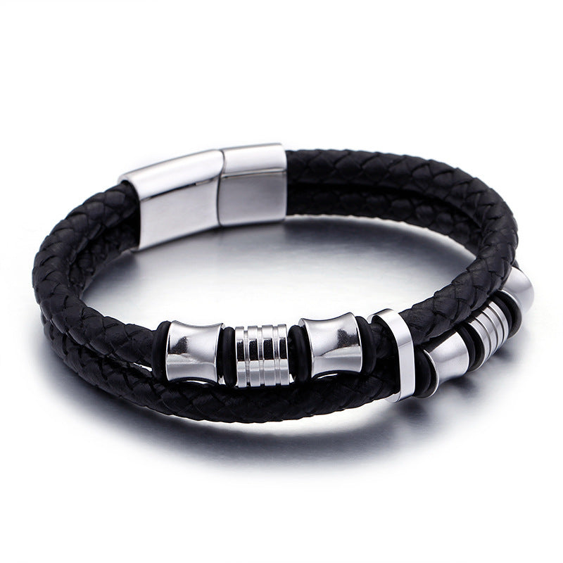 Gold Stainless Steel Leather Bracelet for Men – Black Wrap Wristband with Magnetic Clasp
