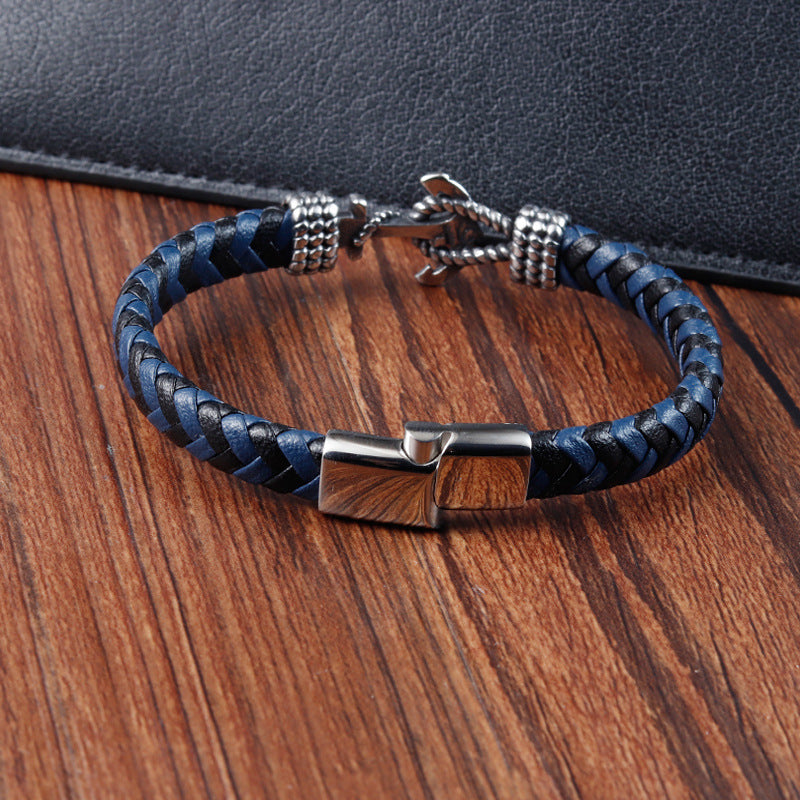 Men’s Leather Braided Anchor Bracelet – Titanium Steel Nautical Wristband, 21CM