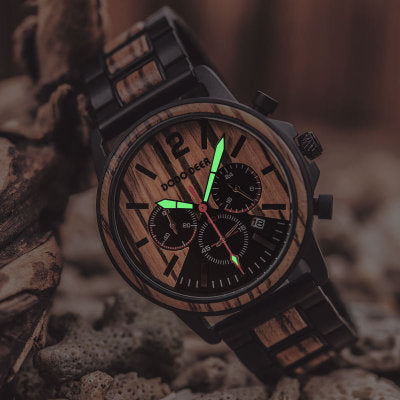 Luxury Men's Wood Chronograph Watch – Quartz Movement, Auto Date, Stainless Steel Strap