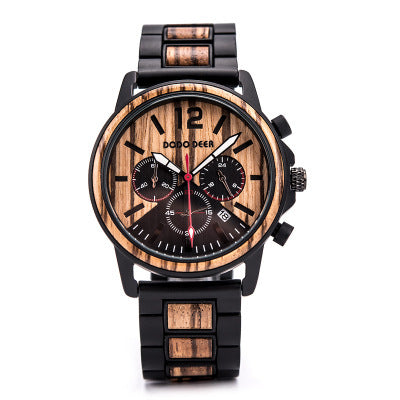 Luxury Men's Wood Chronograph Watch – Quartz Movement, Auto Date, Stainless Steel Strap