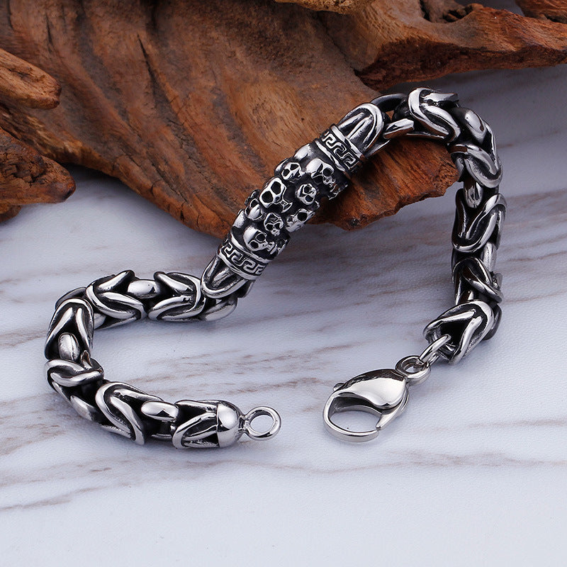 Men’s Gothic Skeleton Punk Metal Braided Chain Bracelet – Black Titanium Steel