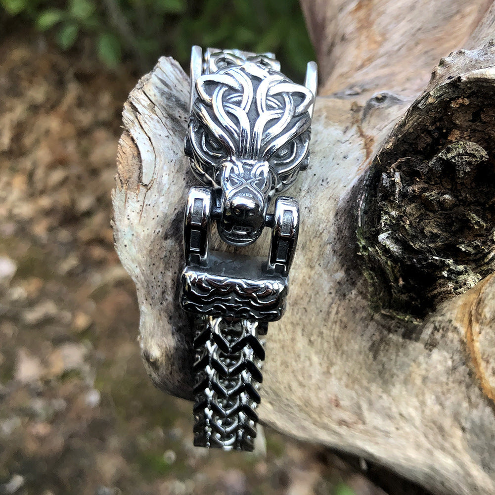 Men’s Vintage Fashion Titanium Steel Viking Bracelet – Electroplated Silver Norse-Inspired Design