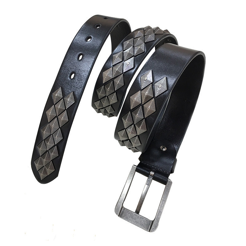 Unisex Rivet Leather Belt – First Layer Cowhide with Square Alloy Buckle