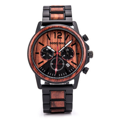 Luxury Men's Wood Chronograph Watch – Quartz Movement, Auto Date, Stainless Steel Strap