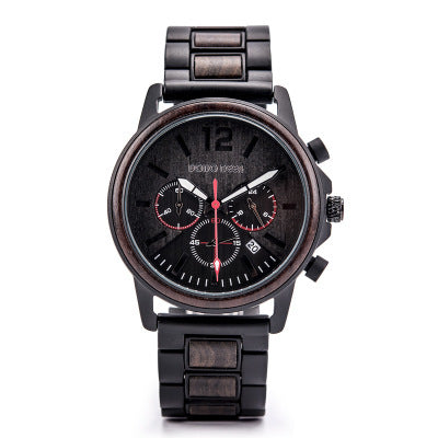 Luxury Men's Wood Chronograph Watch – Quartz Movement, Auto Date, Stainless Steel Strap