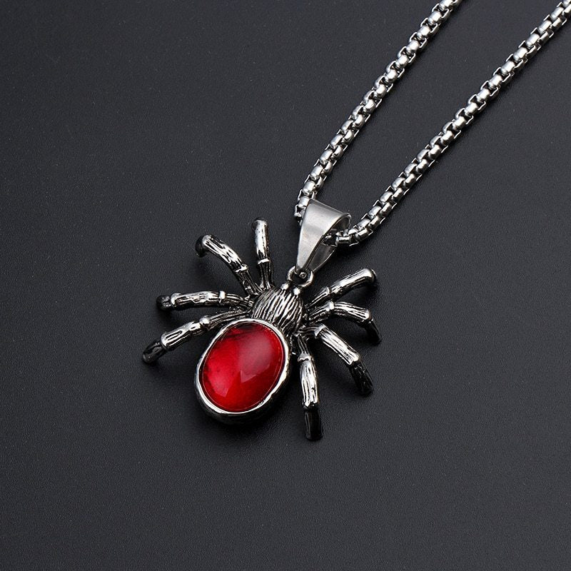 Men’s Gothic Black Widow Spider Pendant Necklace – Vintage Retro Biker Jewelry with Red Crystal, Unisex Punk Style