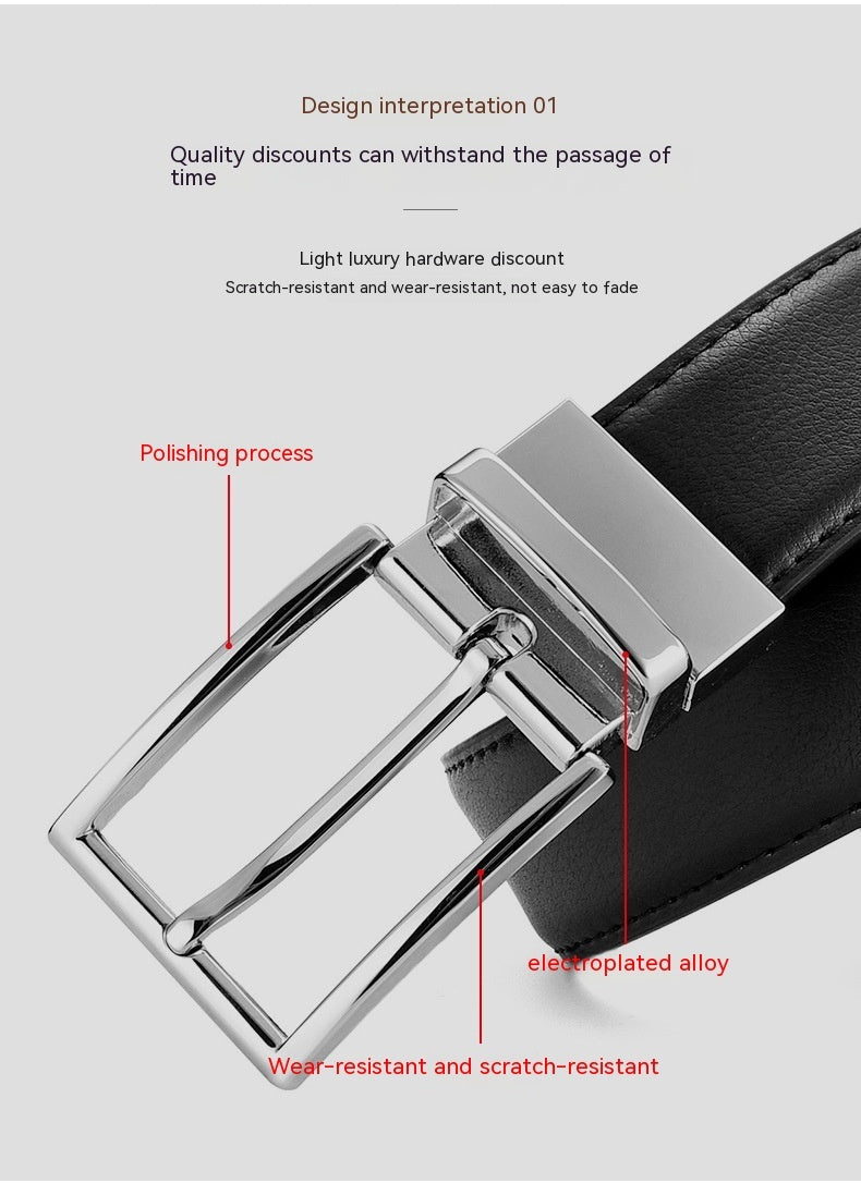 Men’s Genuine Leather Belt – Rotating Pin Buckle with Electroplated Embossed Finish