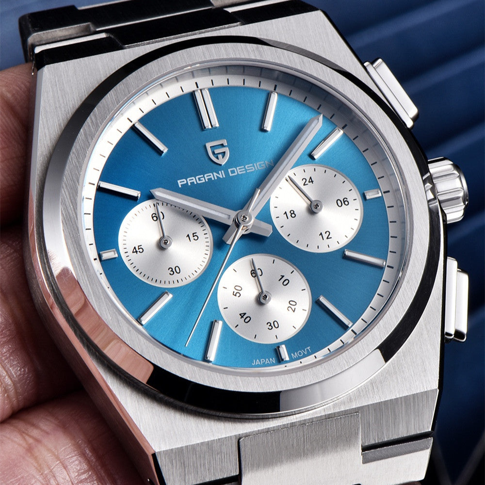 Men’s Blue Chronograph Quartz Watch – 100ATM Waterproof, Luminous Dial, Sapphire Glass, Stainless Steel Band