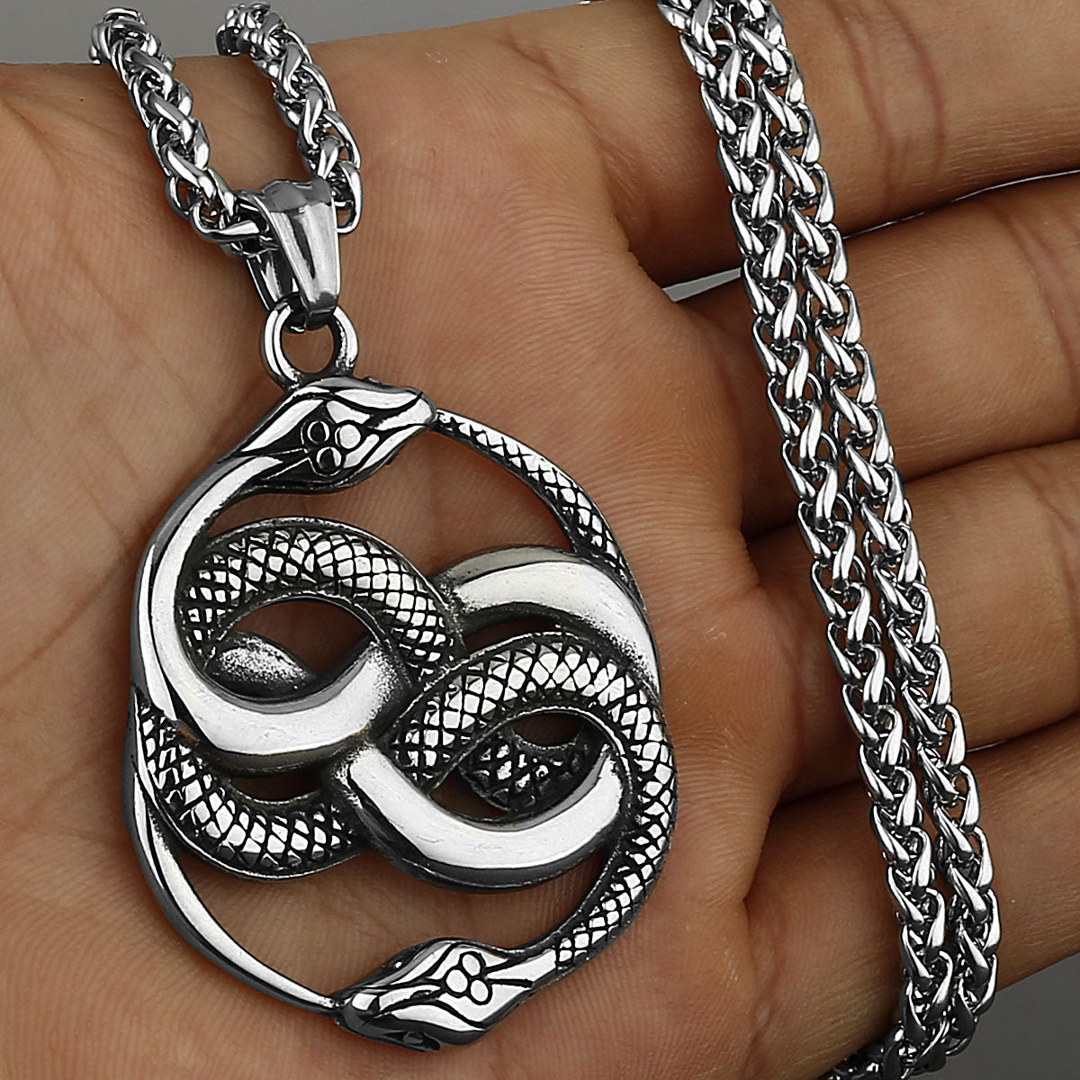 Men’s Fashion Double Snake Staff Pendant Necklace – Titanium Steel Electroplated Jewelry in Gold or Steel