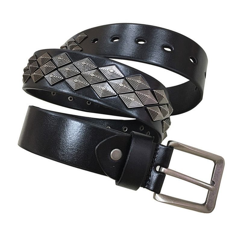 Unisex Rivet Leather Belt – First Layer Cowhide with Square Alloy Buckle