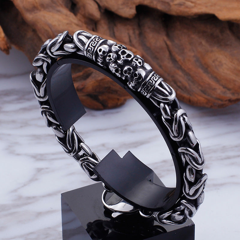 Men’s Gothic Skeleton Punk Metal Braided Chain Bracelet – Black Titanium Steel