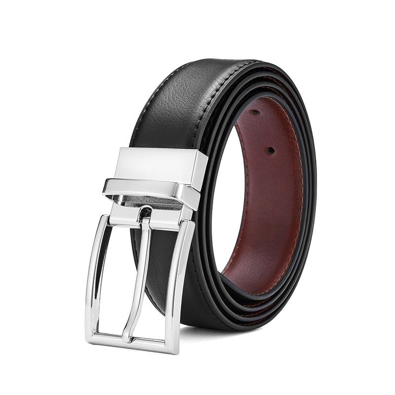 Men’s Genuine Leather Belt – Rotating Pin Buckle with Electroplated Embossed Finish