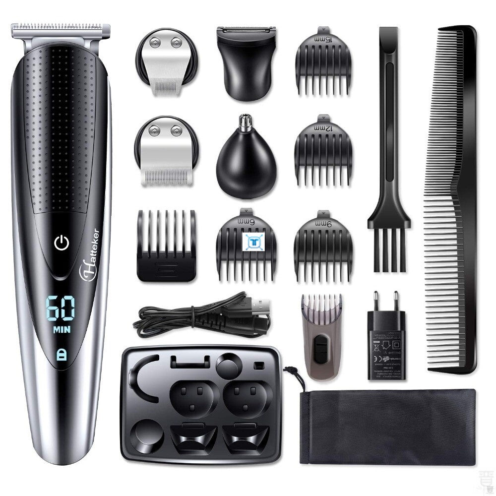 Professional Waterproof Beard Trimmer – Cordless Body & Face Grooming Kit with LCD Display, 60 Min