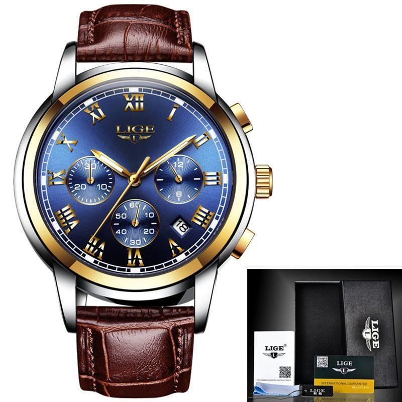 Men’s Leather Casual Sports Watch – Waterproof Quartz Wristwatch with Mineral Glass
