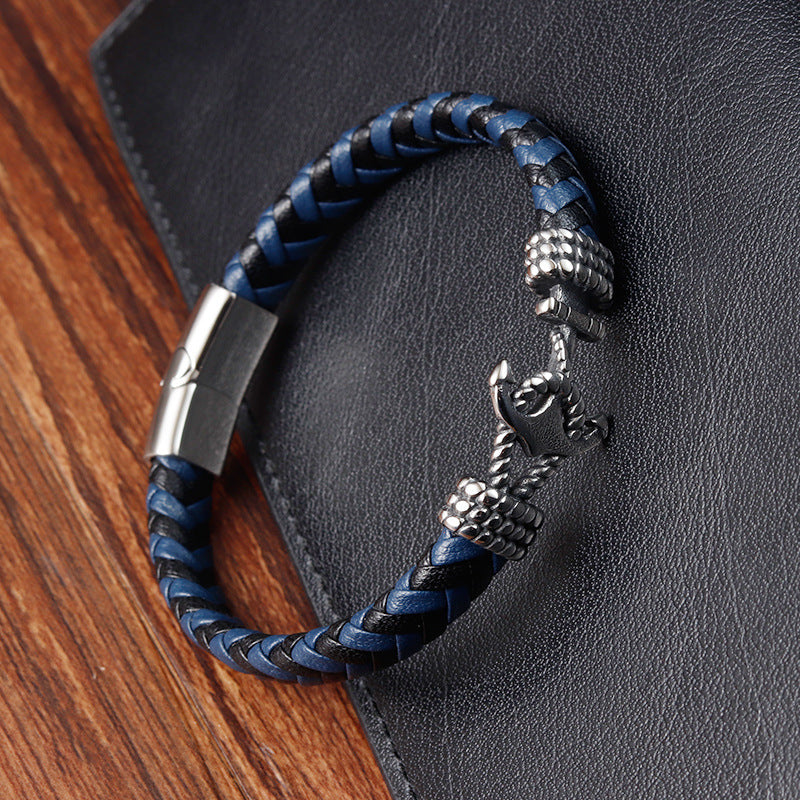 Men’s Leather Braided Anchor Bracelet – Titanium Steel Nautical Wristband, 21CM