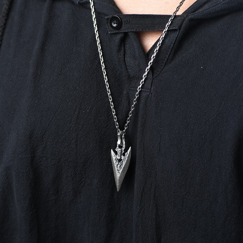 Men’s Vintage Silver Weapon Pendant Necklace – Geometric Electroplated Chain with Stone Accent