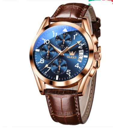 OLEVS Luxury Men’s Waterproof Quartz Watch – Luminous Dial with Leather Strap & Lifetime Warranty Options