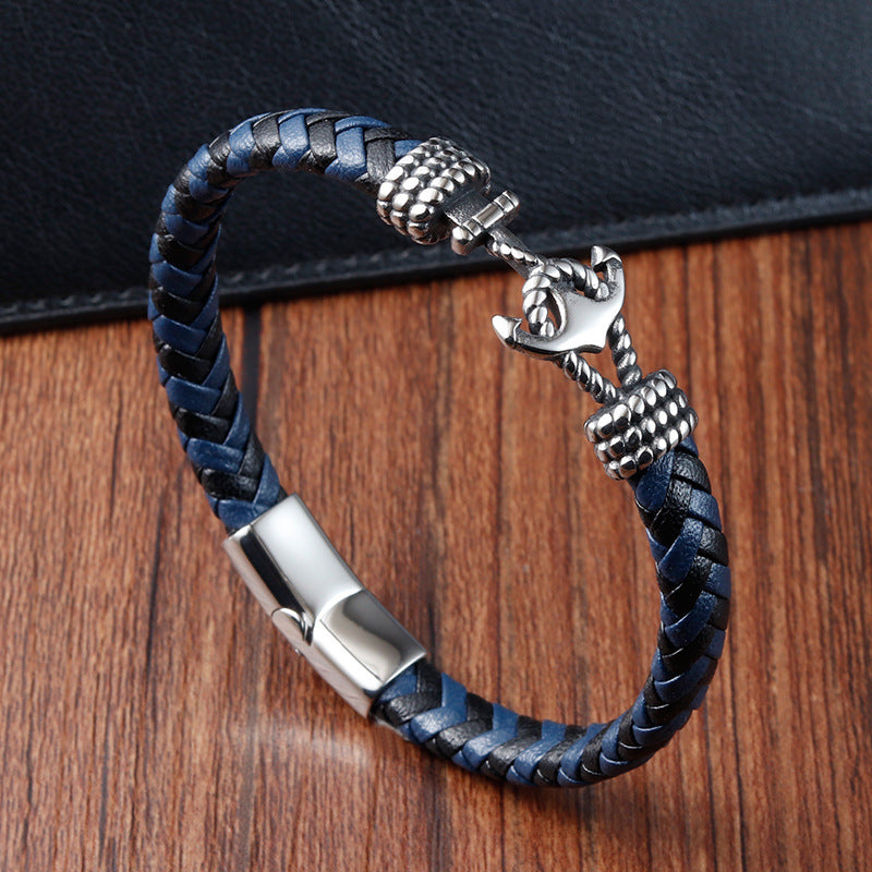 Men’s Leather Braided Anchor Bracelet – Titanium Steel Nautical Wristband, 21CM