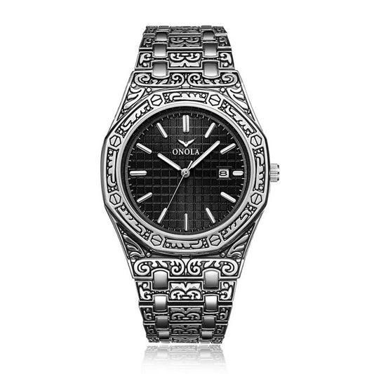 ONOLA Vintage Carved Men's Watch – Waterproof Luxury Golden Wristwatch with Alloy Steel Band & Butterfly Clasp