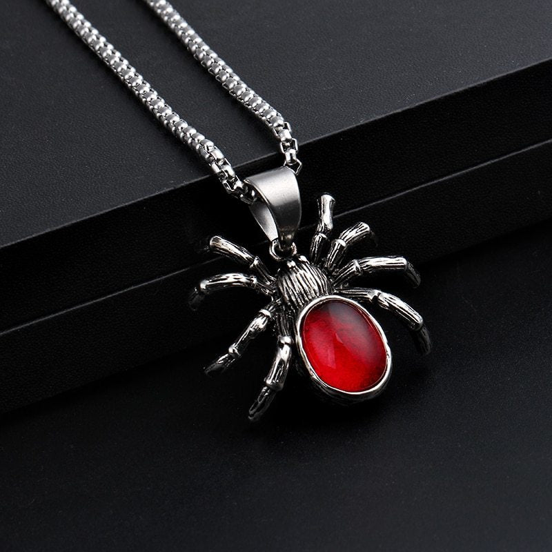 Men’s Gothic Black Widow Spider Pendant Necklace – Vintage Retro Biker Jewelry with Red Crystal, Unisex Punk Style