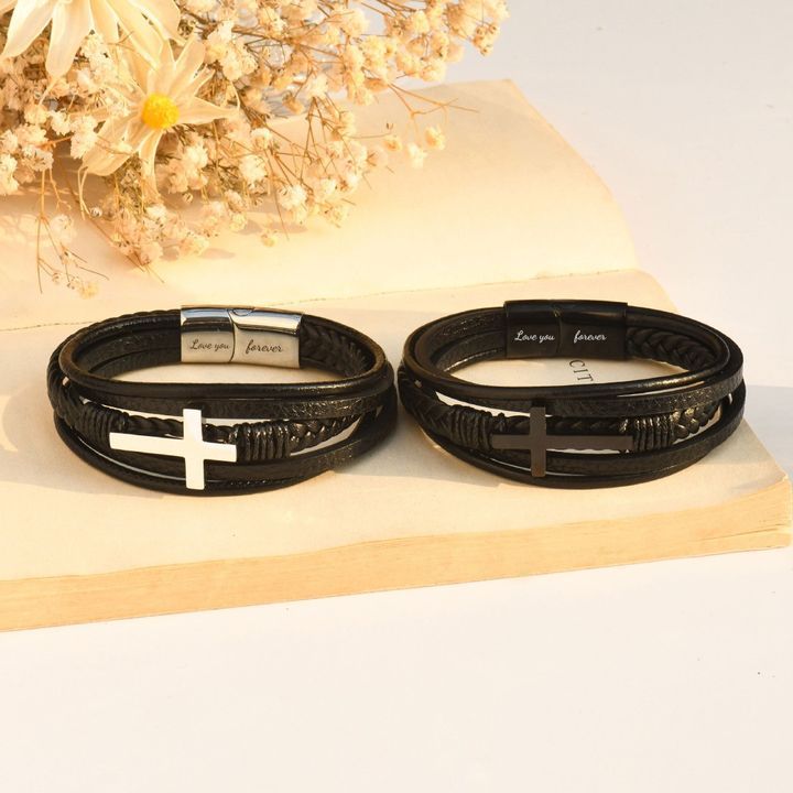Men’s Stainless Steel Cross Fashion Bracelet – Minimalist Leather & Steel Plated Band, Black & Steel