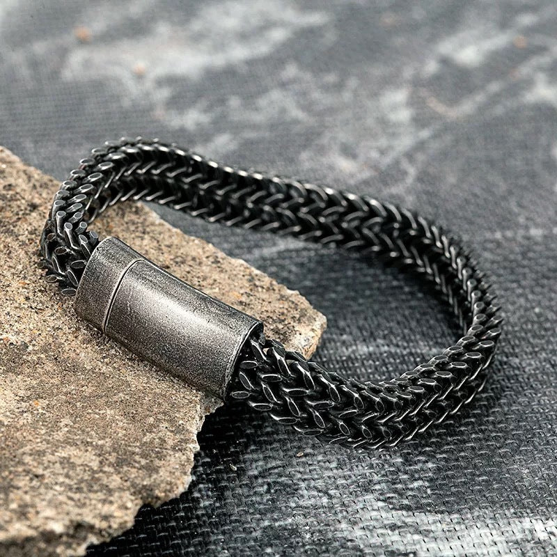 Black Vintage Men's Punk Bracelet – Double Chain Titanium Steel 12MM Wide