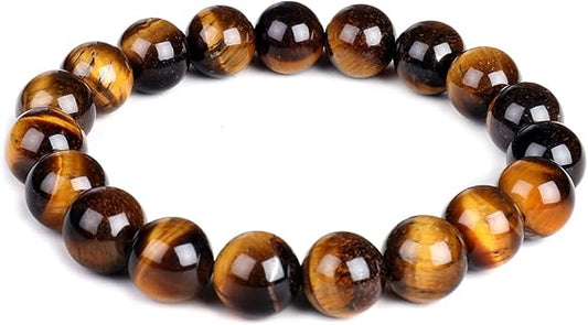 10mm Natural Tiger Eye Gemstone Bracelet – Elastic Stretch Mala for Men & Women