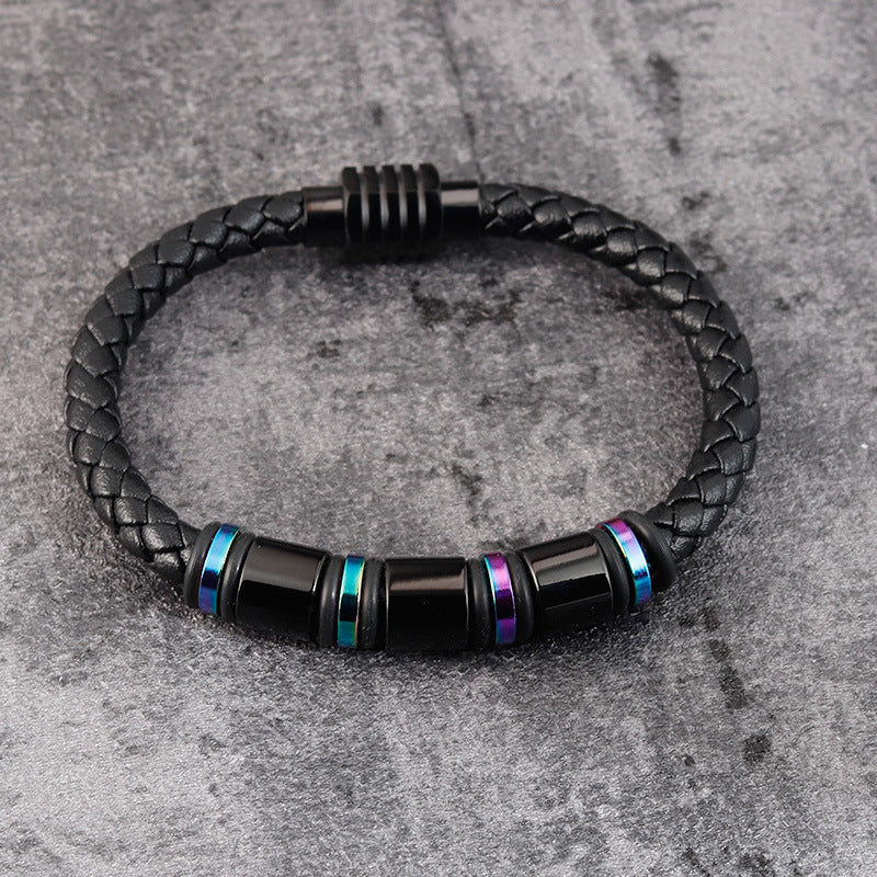 Men’s Leather Bracelet – Simple Geometric Design with Titanium Steel Clasp, Polished Finish, 19CM & 21CM