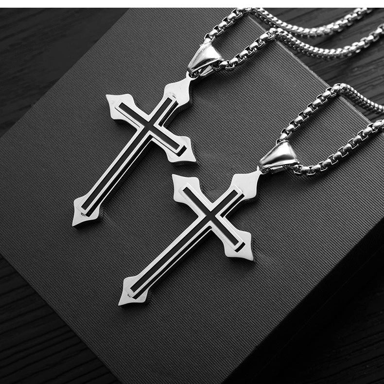Men’s Stainless Steel Cross Pendant Necklace – Geometric Unisex Design with Modern Details
