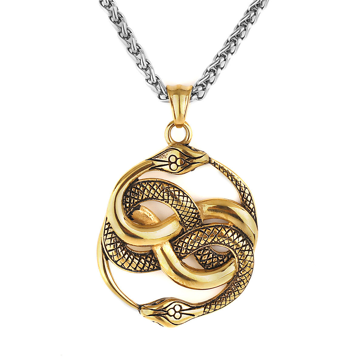 Men’s Fashion Double Snake Staff Pendant Necklace – Titanium Steel Electroplated Jewelry in Gold or Steel