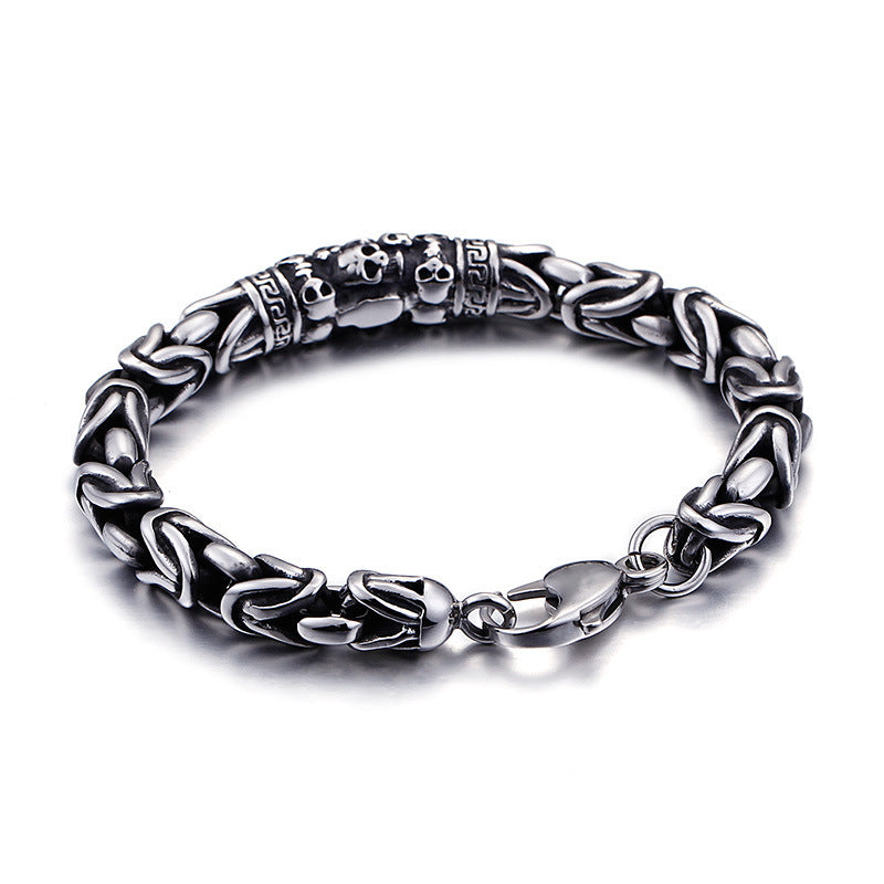 Men’s Gothic Skeleton Punk Metal Braided Chain Bracelet – Black Titanium Steel