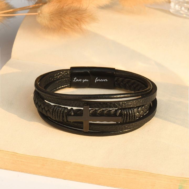 Men’s Stainless Steel Cross Fashion Bracelet – Minimalist Leather & Steel Plated Band, Black & Steel