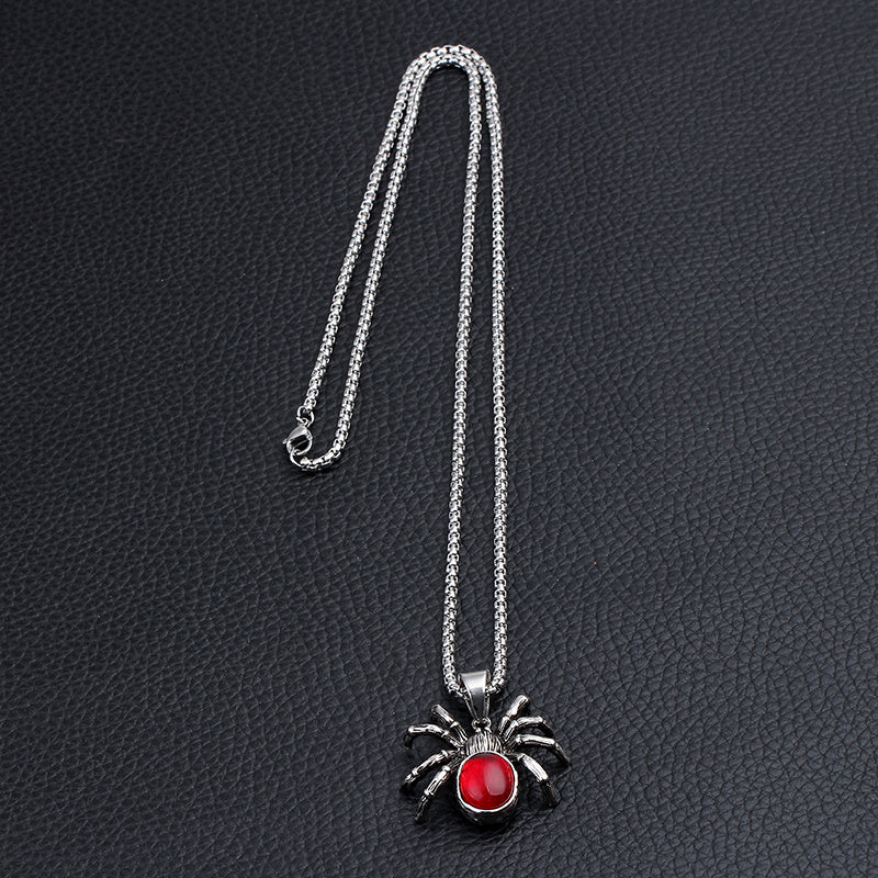 Men’s Gothic Black Widow Spider Pendant Necklace – Vintage Retro Biker Jewelry with Red Crystal, Unisex Punk Style