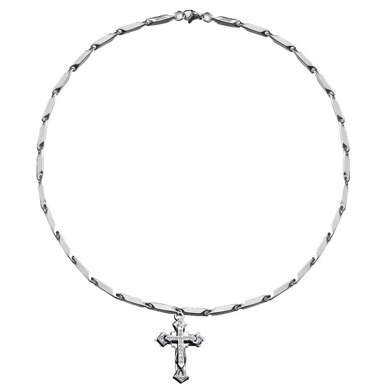 Men’s Stainless Steel Cross Necklace with Diamond Accent – Fashion Silver Pendant Chain (50CM/55CM)