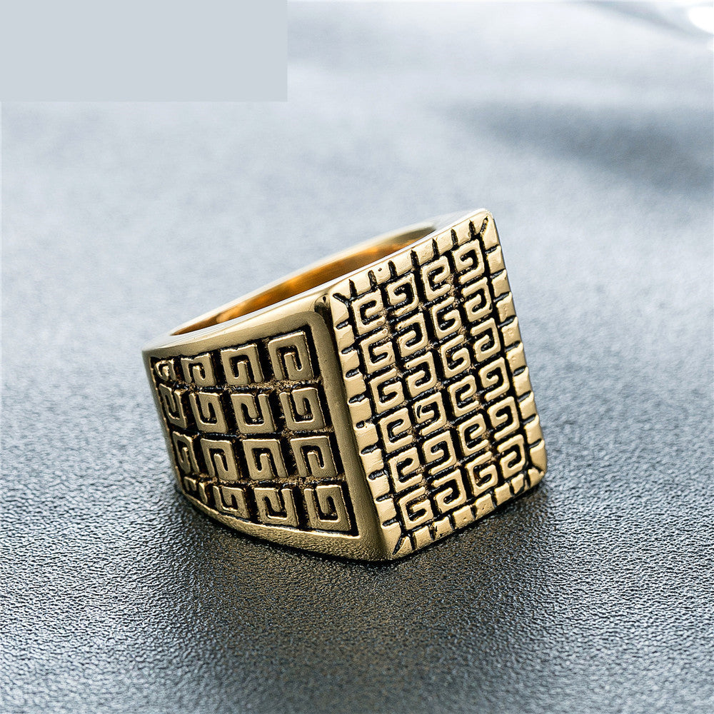 Square Simple Men’s Titanium Steel Ring – Retro Style Stainless Steel Band in Steel & Gold