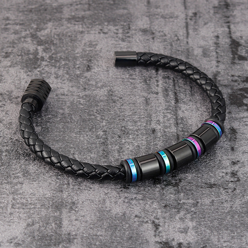 Men’s Leather Bracelet – Simple Geometric Design with Titanium Steel Clasp, Polished Finish, 19CM & 21CM