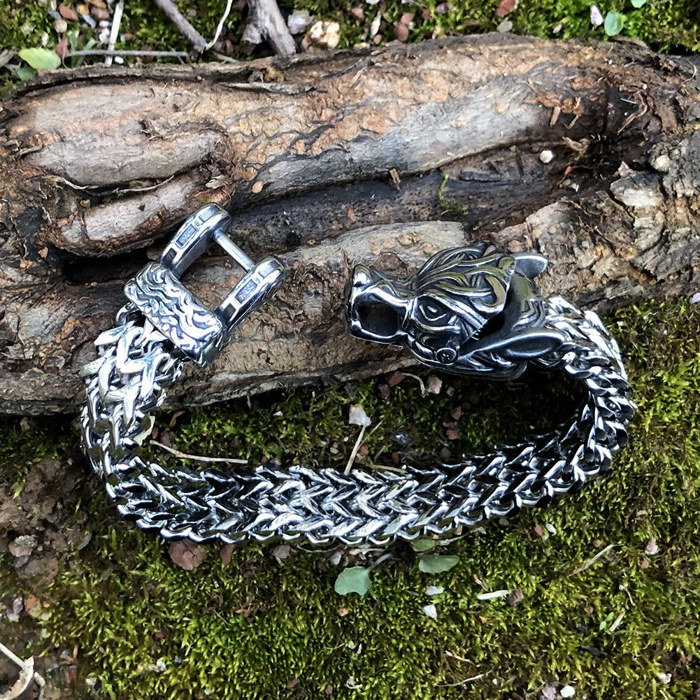 Men’s Vintage Fashion Titanium Steel Viking Bracelet – Electroplated Silver Norse-Inspired Design