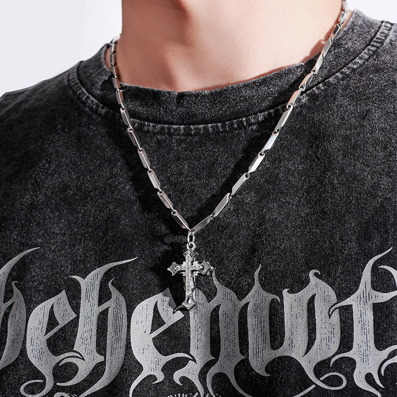 Men’s Stainless Steel Cross Necklace with Diamond Accent – Fashion Silver Pendant Chain (50CM/55CM)