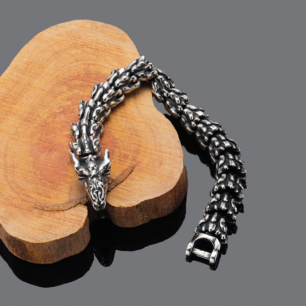 Men’s Fashion Vintage Dominant Dragon Head Bracelet – Bold Titanium Steel Design