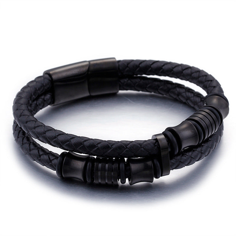 Gold Stainless Steel Leather Bracelet for Men – Black Wrap Wristband with Magnetic Clasp