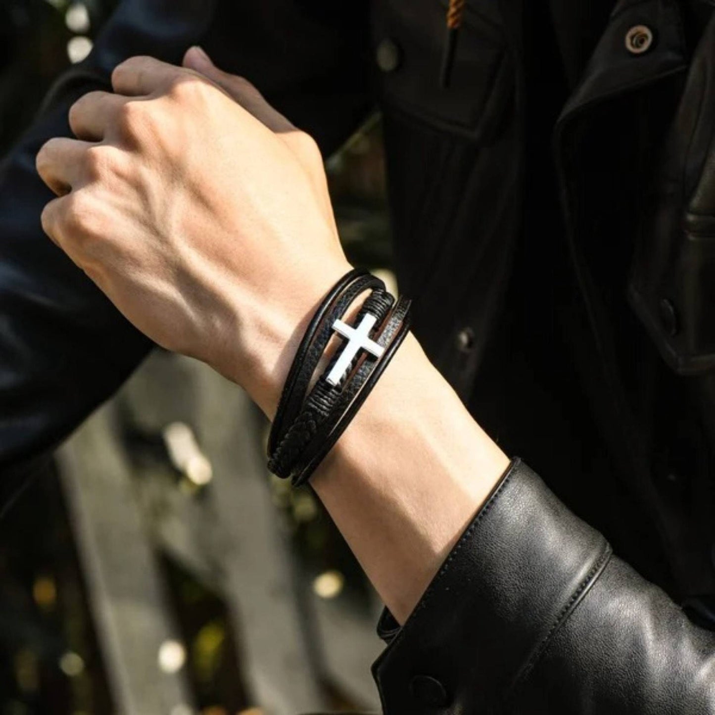 Men’s Stainless Steel Cross Fashion Bracelet – Minimalist Leather & Steel Plated Band, Black & Steel