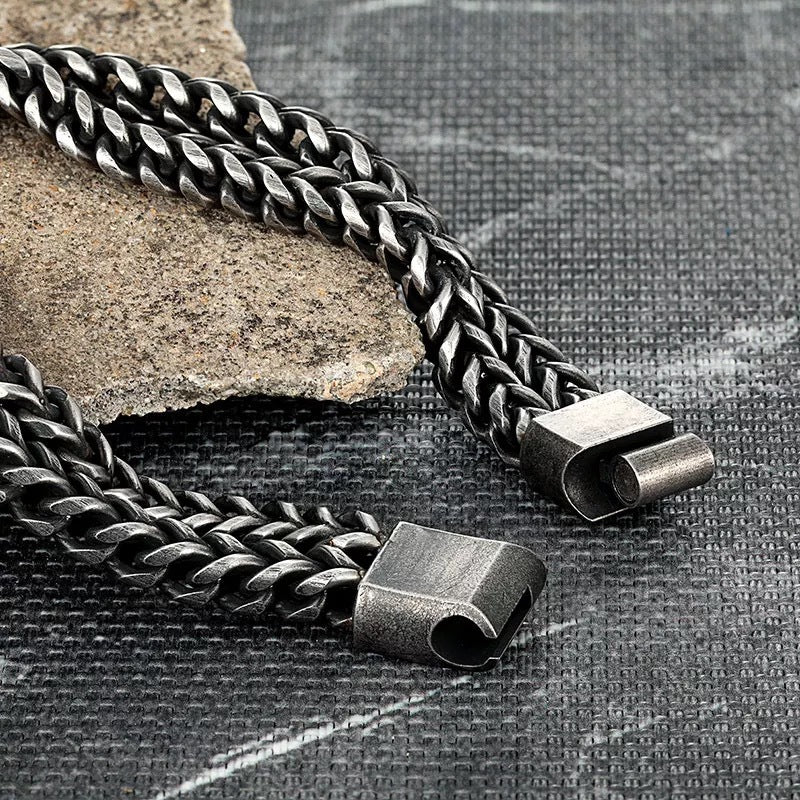 Black Vintage Men's Punk Bracelet – Double Chain Titanium Steel 12MM Wide